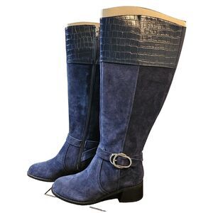 Marc Fisher Med Calf Leather Tall Shaft Boots Hailin Blue Suede Size 5 M unworn
